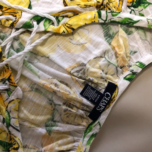 Chaps Lemon Print Yellow & Green Lace Up Front V Neck Top (S) - Picture 4 of 4